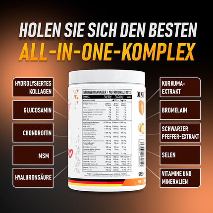 MST® Nutrition Flex Pro pulveris – kolagēns, MSM, glikozamīns, hondroitīns un hialuronskābe – augstas kvalitātes formula – ražots Vācijā (945 g, apelsīnu krāsā)