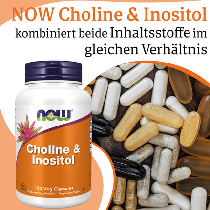 Now Foods, holīns un inozitols, 500 mg, 100 vegānas kapsulas, laboratoriski pārbaudītas, B vitamīns, bez glutēna, bez sojas, veģetārs