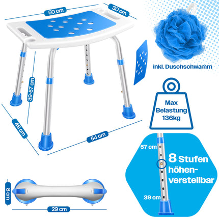 KESSER® dušas krēsls ar regulējamu augstumu | Viegls vannas istabas krēsls ar neslīdošām gumijas kājiņām, dušas krēsls ar celtspēju 136 kg | Dušas palīglīdzeklis senioriem | Vannas rokturis ar piesūcekņa rokturi | Dušas sēdeklis ar dušas turētāju