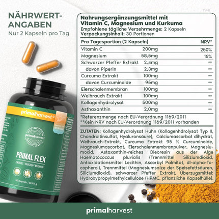 Primal Harvest® Joint Active Plus - 60 augstas devas un laboratorijā pārbaudītas kapsulas ar magniju un C vitamīnu - hialuronskābi, kolagēnu