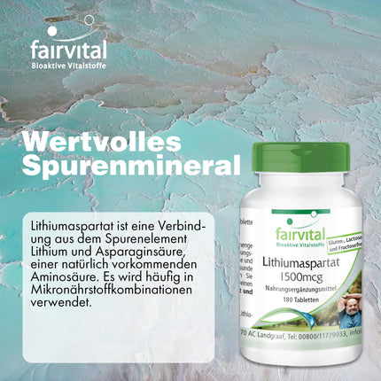 Fairvital | Litija aspartāts 1500 μg - 180 tabletes - Organiski saistīts litijs - Augsta biopieejamība - Kvalitātes pārbaude un liela deva - 100% vegāns - Ražots Vācijā