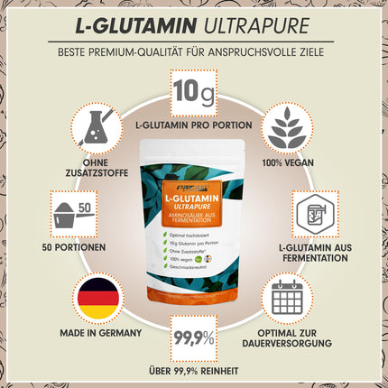 L-glutamīna pulveris 500g vegāns, optimāli augsta deva un bezgaršīgs, L-glutamīns bez piedevām, īpaši tīrs ar vairāk nekā 99,9% tīrību, no fermentācijas, laboratorijā pārbaudīts, piegādā 50 dienas