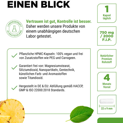 Bromelain Intenso - 750 mg (2000 FIP) - 120 kuņģa sulu izturīgas kapsulas - dabīgs ananāsu ekstrakts - laboratorijā pārbaudīts - vegāns - augsta deva
