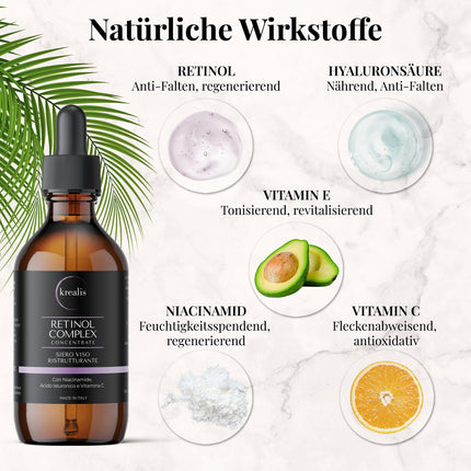 •100 ml • Retinola serums ar niacinamīdu, hialuronskābi un C vitamīnu, sejas serums, pretgrumbu līdzeklis ādas kopšanai sievietēm un vīriešiem