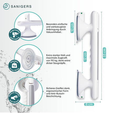 SANIGERS® Satvērējstienis ar piesūcekni - Īpaši spēcīga noturība 110 KG - Satvērējstienis dušai bez urbšanas, satvērēji senioriem, vannas rokturis bez urbšanas, dušas rokturis ar piesūcekni, piesūcekņa rokturis vannas istabai