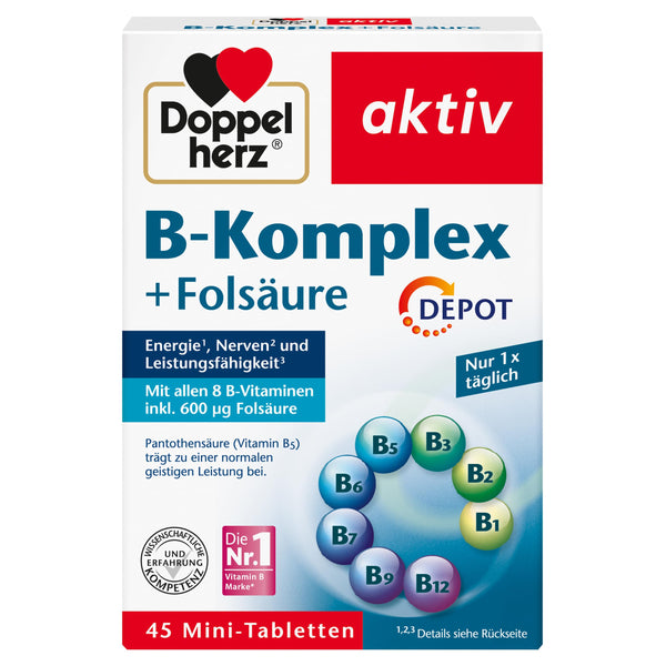Doppelherz B-Complex DEPOT ar folskābi - B vitamīni veicina normālu nervu sistēmas darbību un normālu enerģijas metabolismu - 45 tabletes