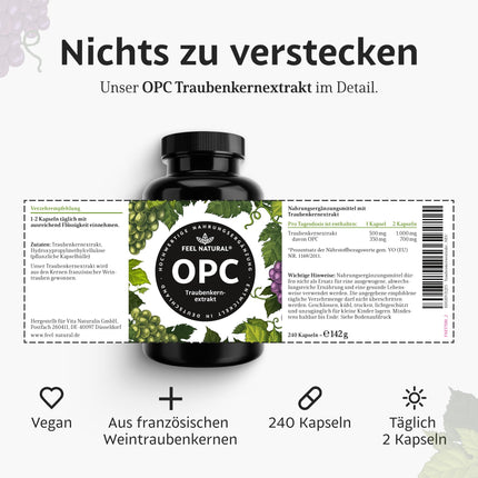 OPC vīnogu kauliņu ekstrakts – 240 kapsulas ar 1000 mg OPC ekstrakta – Augstākais OPC saturs saskaņā ar HPLC – no Francijas vīnogām – Vegāns, augsta deva, ražots Vācijā