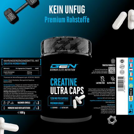 Kreatīna Ultra kapsulas - 420 kapsulas ar 1250 mg tīra kreatīna monohidrāta katrā - Premium: īpaši smalkas + sietveida faktors 200 - augsta deva