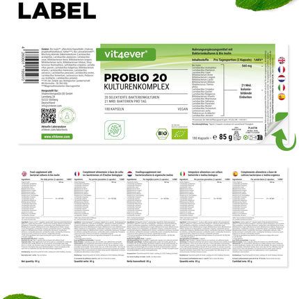 Probio 20 - Kultūru komplekss ar 20 baktēriju celmiem + organisko inulīnu - 180 kuņģa sulu izturīgas kapsulas Bright JC Caps® - 21 miljards pienskābes baktēriju vienā dienas devā - Augsta deva - Vegāns -