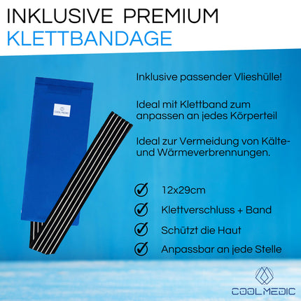 COOLMEDIC Premium Kühlpad Kühlkompresse inkl. Bandage | XXL Kalt Warm Kompresse 29x12cm | Mehrfach-Kompresse Kühlpads Gel Kühlkissen Kaltkompresse z. Kühlen von Schmerzen f. Kinder & Erwachsene