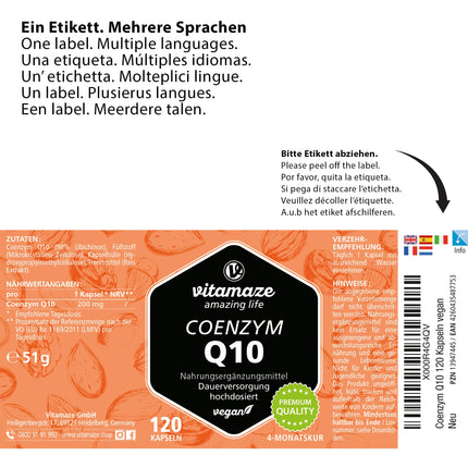 Koenzīms Q10 lielā devā, 200 mg vienā kapsulā, vegāns, 120 kapsulas 4 mēnešiem, 98% ubikinons ar optimālu biopieejamību, bez nevajadzīgām piedevām, ražots Vācijā