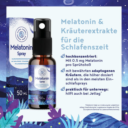 Melatonīna aerosols augstā devā - 400 dienu piegāde (50 ml) - ar baldriānu, pasifloru, citronmelisu, lavandu, B6 un B1 vitamīniem - bezalkoholisks - vegāns - aveņu garša - Alpha Foods