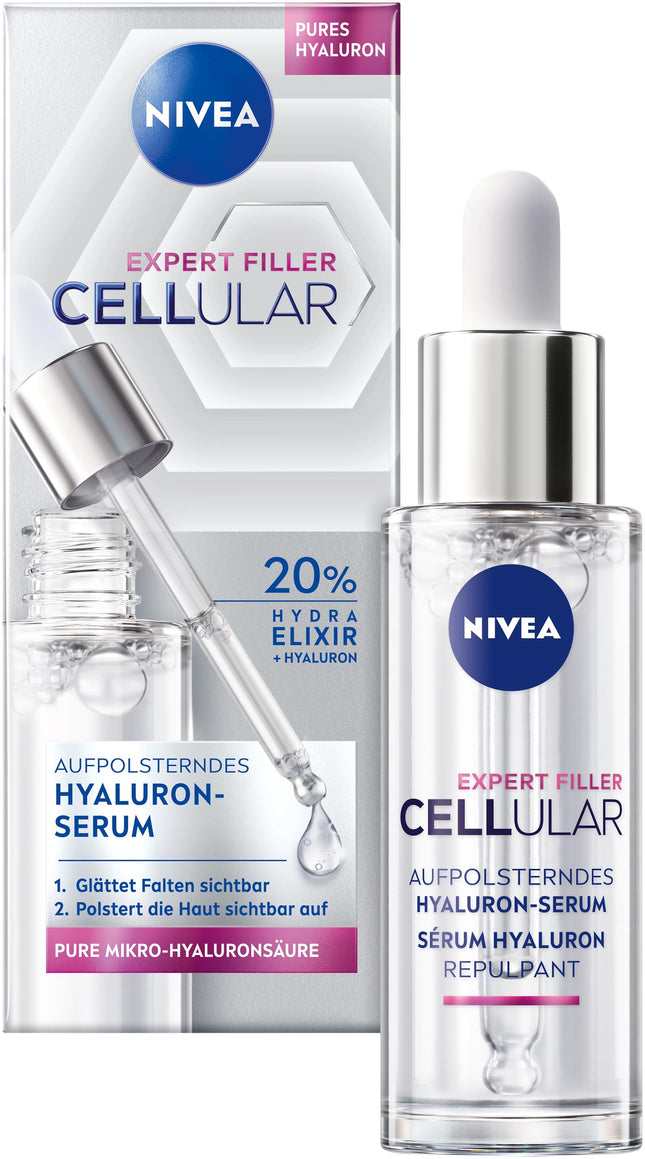 NIVEA Cellular Expert Filler Hyaluron Replumping Serum, viegls un ātri iesūcas hialuronskābes serums ar Hydra Elixir, pretnovecošanās sejas kopšana grumbu izlīdzināšanai (30 ml)