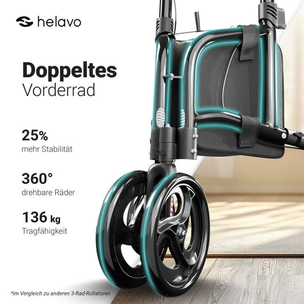 Helavo rollator 3 riteņi tikai 5,5 kg - šaurs iekštelpu rollator mājas lietošanai, viegli salokāms rollator, alumīnija mājas rollator ar dubultiem priekšējiem riteņiem