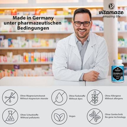 Augstas devas hialuronskābe 200 mg + koenzīms Q10 100 mg uz vegānu kapsulu, 2 mēnešu kurss, augsta biopieejamība, zema molekulmasa: 500–700 kDa, uztura bagātinātājs bez liekām piedevām