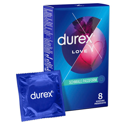Durex Love prezervatīvi – ar anatomisku Easy-On formu vieglai uzvilkšanai un lubrikēti ar lielu daudzumu silikona lubrikanta – 8 gabalu iepakojums (1 x 8 gabali)