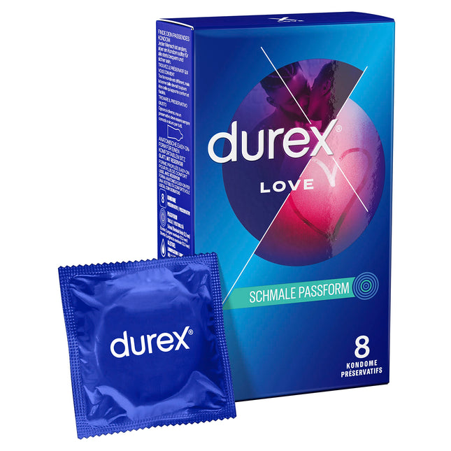 Durex Love prezervatīvi – ar anatomisku Easy-On formu vieglai uzvilkšanai un lubrikēti ar lielu daudzumu silikona lubrikanta – 8 gabalu iepakojums (1 x 8 gabali)