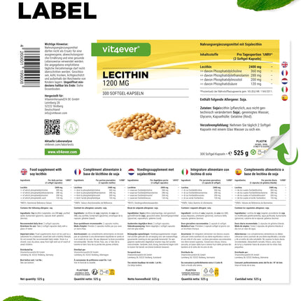 Lecitīns 1200 mg - 300 mīkstās kapsulas - Premium: Ar fosfatīdiem - Nesatur ĢMO sojas lecitīnu - Augsta deva - Augstākās kvalitātes