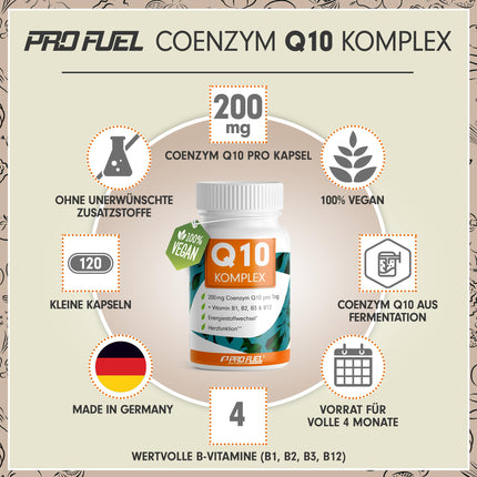 Q10 kapsulas, augsta deva 120x - koenzīma Q10 komplekss ar 200 mg koenzīma Q10 + B1, B2, B3 un B12 vitamīniem - enerģijas metabolismam un sirds darbībai - laboratoriski pārbaudīts ar sertifikātu - 4 mēnešu krājumi