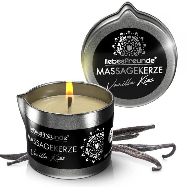 Liebesfreunde® organiskā masāžas svece VANILLA KISS jutekliskām masāžām ar kokosriekstu eļļu un alveju, erotiska masāžas svece pāriem, seksa svece, 50 ml