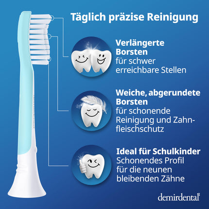 Demirdental rezerves birstes bērniem, piemērotas Philips Sonicare rezerves birstēm Kids, bērnu Sonic zobu birstes, bērnu rezerves birstes no 7 gadu vecuma, atbilst HX6044, tirkīza krāsā, 8 gabalu komplekts
