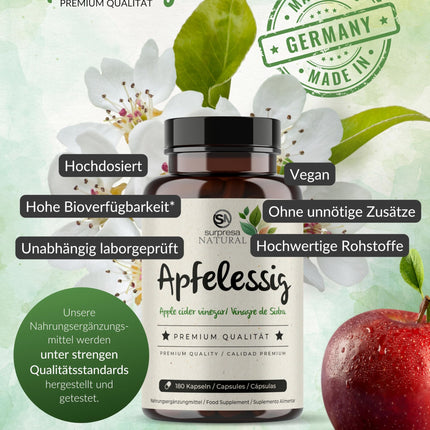 Surpresa dabīgā ābolu sidra etiķa kapsulas ar augstu devu | 1 x 180 kapsulas | 1000 mg ābolu sidra etiķa vienā dienas devā | Ābolu sidra etiķis - uztura bagātinātājs, vegāns un laboratorijā pārbaudīts | Ābolu sidra etiķis