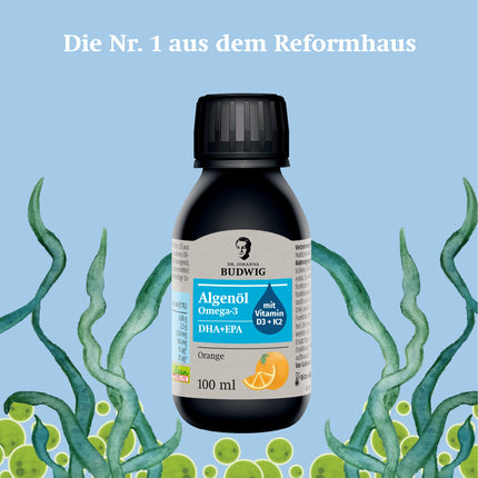 Dr. Johanna Budwig Omega 3 aļģu eļļa vegānam apelsīnu aromātam (100 ml) - augsta deva, bagāta ar DHA, EPA, D3 un K2 vitamīniem - šķidra aļģu eļļa vegānai, šķidra aļģu eļļa laboratoriski pārbaudīta