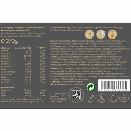 Multivitamīnu pulveris + magnijs, cinks un selēns - vitamīni AZ augstā devā - stiprina imūnsistēmu - augstas kvalitātes mikroelementi - bez pievienota cukura - vegāns - ražots Vācijā - ACE garša