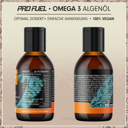 Omega-3 aļģu eļļa 100 ml - augsta deva ar 3665 mg aļģu eļļas, tostarp 1203 mg DHA un 667 mg EPA - vegāna Omega-3 eļļa + Ahiflower® eļļa ar patīkamu apelsīnu garšu - laboratoriski pārbaudīta ar sertifikātu