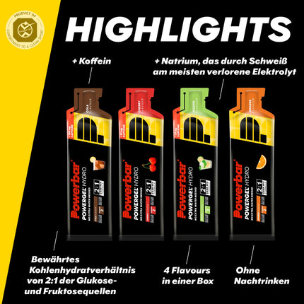 Powerbar PowerGel Hydro Multiflavorbox 12x67ml - enerģijas želeja ar augstu ogļhidrātu saturu + nātrijs