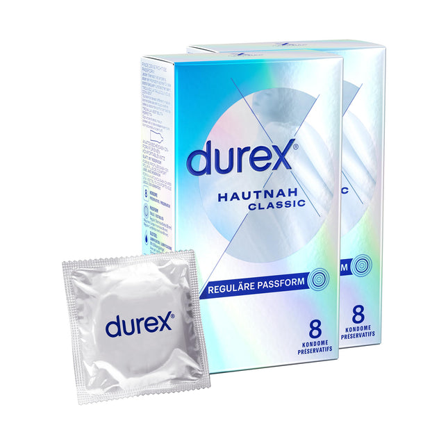 Durex Hautnah Classic prezervatīvi – īpaši plāni, ar anatomisku, viegli uzvelkamu formu un lubrikēti ar silikona gēlu – 16 prezervatīvi iepakojumā (2 x 8 prezervatīvi)