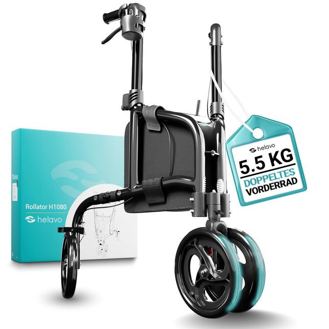 Helavo rollator 3 riteņi tikai 5,5 kg - šaurs iekštelpu rollator mājas lietošanai, viegli salokāms rollator, alumīnija mājas rollator ar dubultiem priekšējiem riteņiem