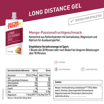 DEXTRO ENERGY LONG DISTANCE GEL MANGO-PASSION FRUIT + MAGNĒZIJS + NĀTRIJS - 12x50ml (12 iepakojums) - Enerģijas gels gariem treniņiem, ogļhidrātu koncentrāts ar pievienotiem elektrolītiem un Palatinose