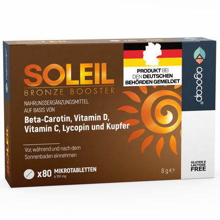 SOLEIL, iedeguma kapsulas ar beta karotīnu dabīgam iedegumam – 2 vienā paštonējošais līdzeklis – efektīva aizsardzība pret sauli ar augstu beta karotīna devu – ar C, E, D vitamīniem, selēnu un varu – 80 tabletes