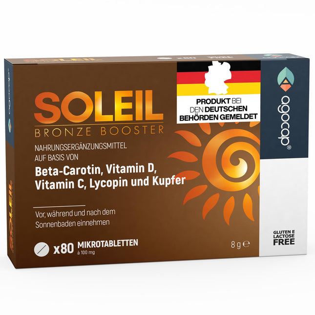 SOLEIL, iedeguma kapsulas ar beta karotīnu dabīgam iedegumam – 2 vienā paštonējošais līdzeklis – efektīva aizsardzība pret sauli ar augstu beta karotīna devu – ar C, E, D vitamīniem, selēnu un varu – 80 tabletes