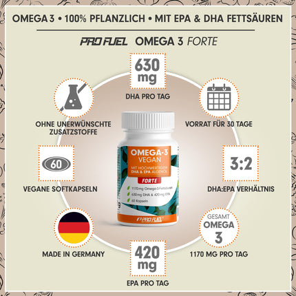 Omega-3 vegan FORTE - 60 kapsulas - 2000 mg aļģu eļļas dienā - augsta deva ar 630 mg DHA + 420 mg EPA - vegānas Omega-3 aļģu eļļas kapsulas - DHA:EPA attiecība 3:2 - laboratoriski pārbaudīts ar analīzes sertifikātu