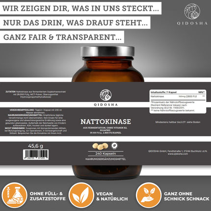 QIDOSHA® nāttokināzes kapsulas, augsta deva, visaugstākā enzīmu aktivitāte ar 28000 FU/g, 240 kapsulas stikla burkā, vegānas, bez K2 vitamīna, gala produkts bez sojas
