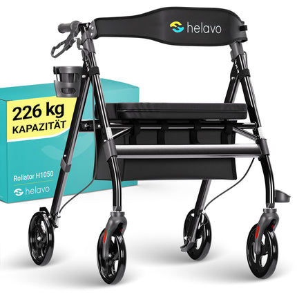 HELAVO īpaši plats rullators ar lielu, augstumā regulējamu sēdekli - Salokāms, izturīgs rullators, kas izgatavots no alumīnija - Celtspēja līdz 226 kg