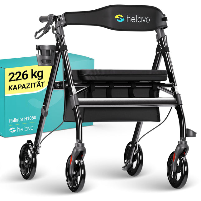HELAVO īpaši plats rullators ar lielu, augstumā regulējamu sēdekli - Salokāms, izturīgs rullators, kas izgatavots no alumīnija - Celtspēja līdz 226 kg