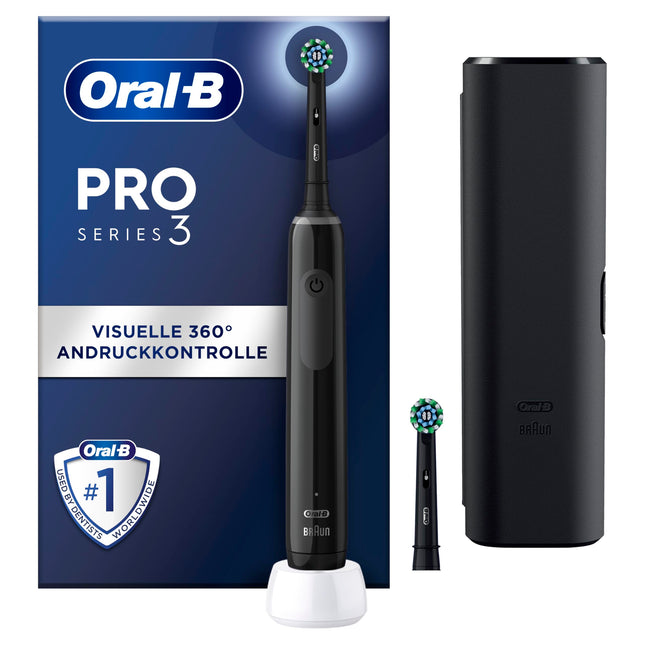 Oral-B PRO 3 3500 elektriskā zobu birste, 2 birstes galviņas, 3 tīrīšanas režīmi un 360° vizuālā spiediena kontrole zobu kopšanai, ceļojumu maciņš, dāvana vīriešiem/sievietēm, melna