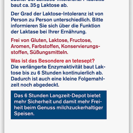 tetesept Lactase 13 000 – laktāzes tabletes laktozes nepanesības gadījumā – uztura bagātinātājs ar tūlītēju iedarbību un 6 stundu ilgstošu depo – 1 bundža ar 40 tabletēm