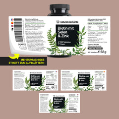 Biotīns + selēns + cinks ādai, matiem un nagiem - 365 vegānas tabletes - bez magnija stearāta, laboratoriski pārbaudītas un ražotas Vācijā