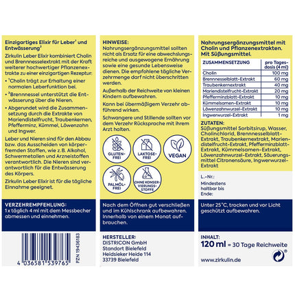 Zirkulin aknu eliksīrs (6 x 120 ml) – aknu veselības un attīrīšanas atbalsts – ar holīnu, piena dadzi, vīnogu kauliņu un nātru ekstraktu – antioksidants un diurētiķis – ikdienas lietošanai