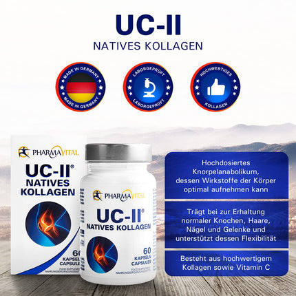 Pharmavital UC-II Native Collagen, 60 kapsulas, augstas devas kolagēna kapsulas no Vācijas, kolagēna un C vitamīna kombinētais uztura bagātinātājs