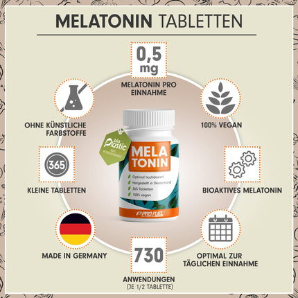 Melatonīna 365 tabletes (24 mēneši) - 0,5 mg bioaktīvā melatonīna dienā (1/2 tabletes) - Optimāli augsta deva - Laboratorijā pārbaudīts - Bez nevēlamām piedevām - Ražots Vācijā - 100% vegāns