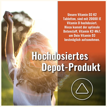 D3 K2 vitamīna tabletes - 200 tabletes - D vitamīns augsta deva 20000 SV + 200µg K2-Mk7 vitamīns - D3 K2 Depot - Veģetārs - D3 K2 vitamīns augsta deva