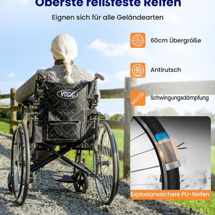 VOCIC U31 salokāms ratiņkrēsls ar vieglo svaru līdz 150 kg, dubultās bremzes, salokāms transportēšanas ratiņkrēsls (17,5 kg) ar pašgājēju piedziņu senioriem, 60 cm caurdurams aizmugurējais ritenis visiem reljefiem, 5 gadu garantija | Pelēks