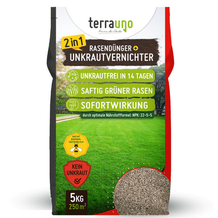 TerraUno zāliena mēslojums ar īpaši spēcīgu nezāļu iznīcinātāju, 100 dienu ilgtermiņa iedarbība, 5 kg uz 250 m², pret pienenēm, āboliņu un daudz ko citu. Zāliena nezāļu iznīcinātājs ar mēslojumu sulīgi zaļai zālei pavasarī un vasarā.