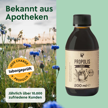 beegut BIOLOĢISKAIS propolisa sīrups ar propolisu, medu, ceļmallapu, deviņvīru spēku un lakricas sakni, 200 ml sīrupa, piemērots arī bērniem, sertificēts BIOLOĢISKAIS