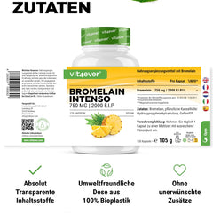 Bromelain Intenso - 750 mg (2000 FIP) - 120 kuņģa sulu izturīgas kapsulas - dabīgs ananāsu ekstrakts - laboratorijā pārbaudīts - vegāns - augsta deva